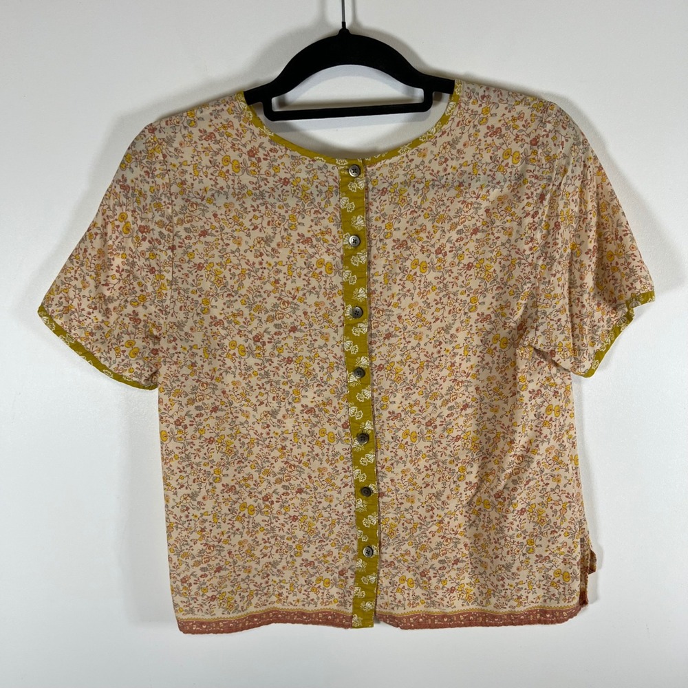Madewell Mixed Floral Button Back Short Sleeve Top Yellow Pink Small Cottagecore - Picture 7 of 10